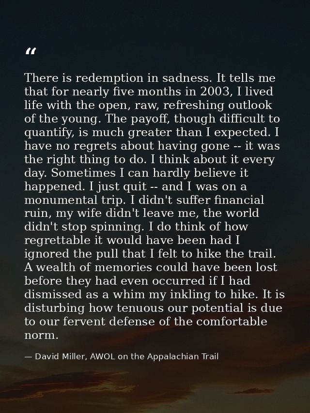 There is redemption in sadness. It tells me that for nearly five months in 2003, I lived life with the open, raw, refres — David Miller, AWOL on the Appalachian Trail