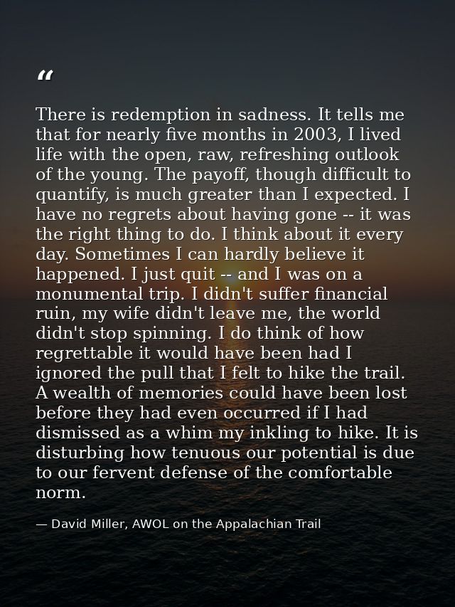 There is redemption in sadness. It tells me that for nearly five months in 2003, I lived life with the open, raw, refres — David Miller, AWOL on the Appalachian Trail