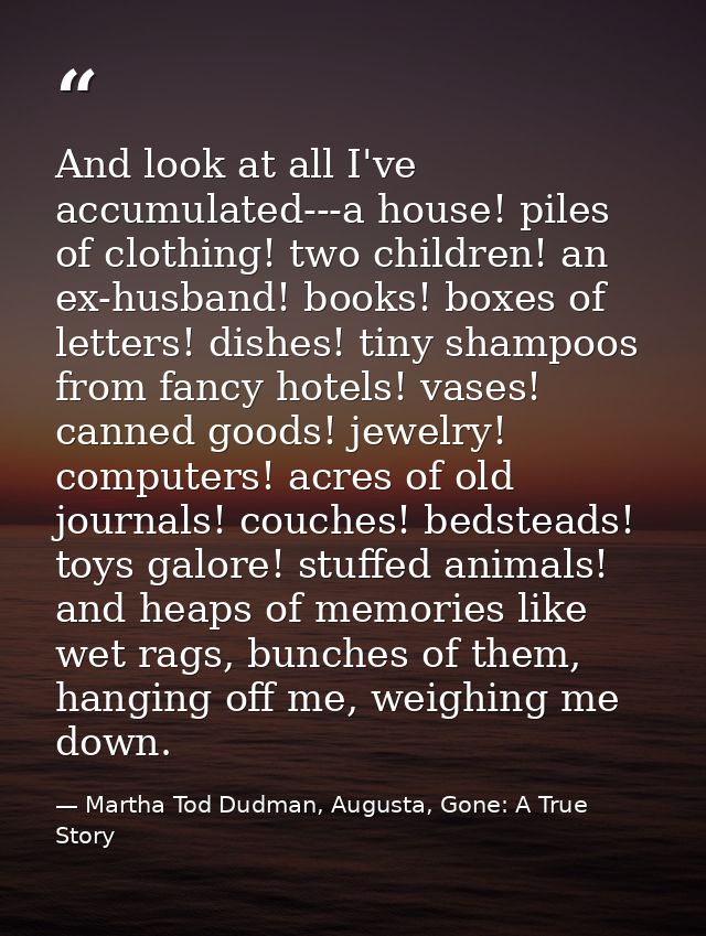 And look at all I've accumulated---a house! piles of clothing! two children! an ex-husband! books! boxes of letters! dis — Martha Tod Dudman, Augusta, Gone: A True Story