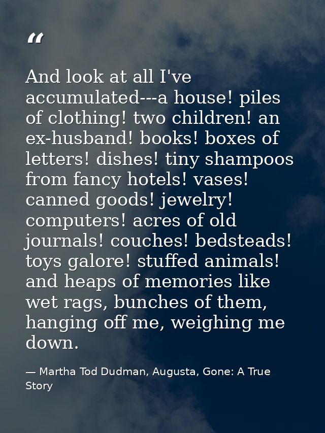 And look at all I've accumulated---a house! piles of clothing! two children! an ex-husband! books! boxes of letters! dis — Martha Tod Dudman, Augusta, Gone: A True Story
