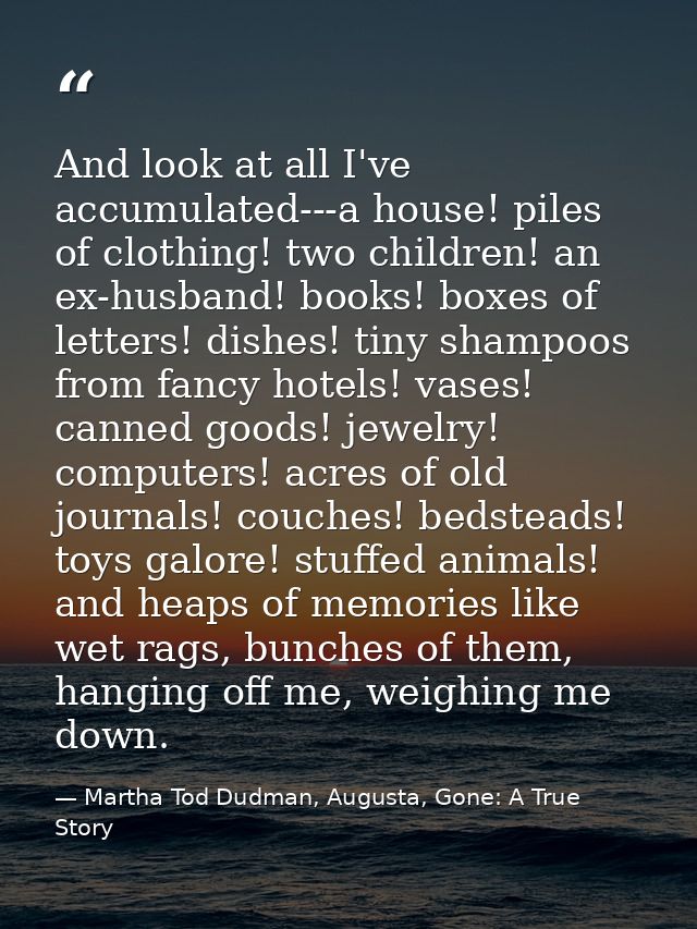 And look at all I've accumulated---a house! piles of clothing! two children! an ex-husband! books! boxes of letters! dis — Martha Tod Dudman, Augusta, Gone: A True Story