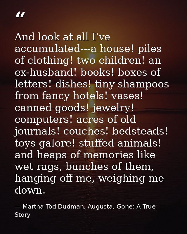 And look at all I've accumulated---a house! piles of clothing! two children! an ex-husband! books! boxes of letters! dis — Martha Tod Dudman, Augusta, Gone: A True Story
