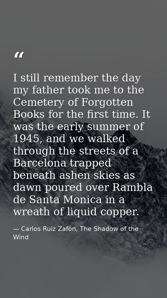 I still remember the day my father took me to the Cemetery of Forgotten Books for the first time. It was the early summe — Carlos Ruiz Zafón, The Shadow of the Wind