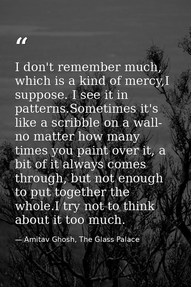 I don't remember much, which is a kind of mercy,I suppose. I see it in patterns.Sometimes it's like a scribble on a wall — Amitav Ghosh, The Glass Palace