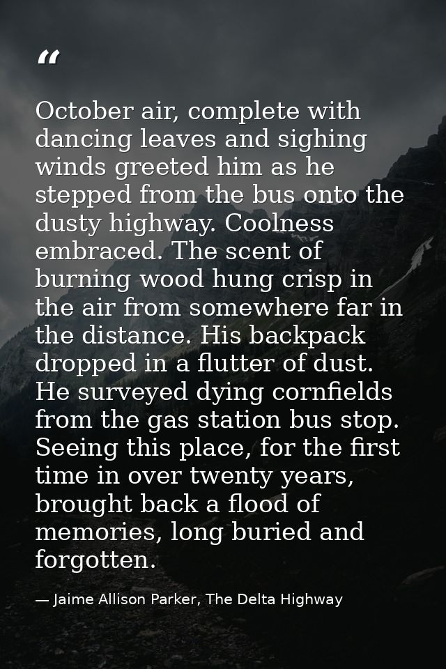 October air, complete with dancing leaves and sighing winds greeted him as he stepped from the bus onto the dusty highwa — Jaime Allison Parker, The Delta Highway