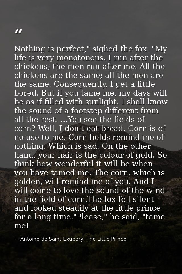 Nothing is perfect," sighed the fox. "My life is very monotonous. I run after the chickens; the men run after me. All th — Antoine de Saint-Exupéry, The Little Prince
