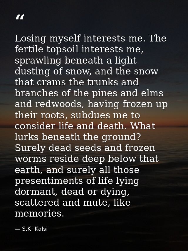 Losing myself interests me. The fertile topsoil interests me, sprawling beneath a light dusting of snow, and the snow th — S.K. Kalsi