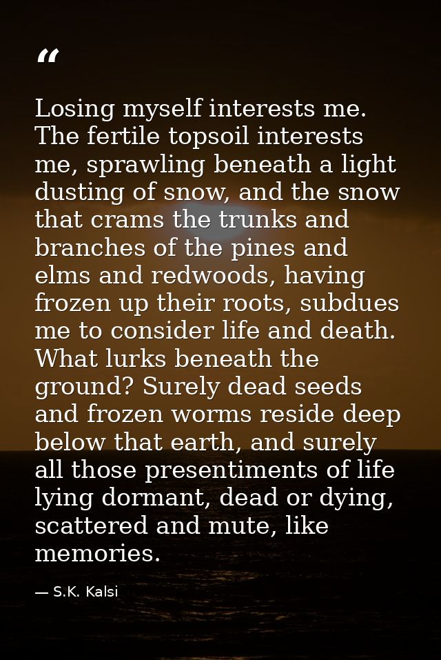 Losing myself interests me. The fertile topsoil interests me, sprawling beneath a light dusting of snow, and the snow th — S.K. Kalsi