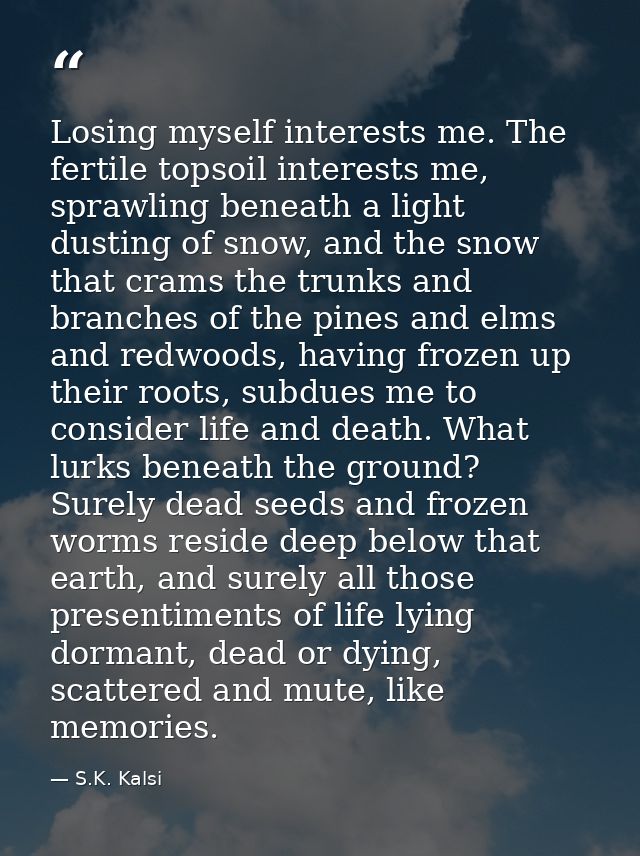 Losing myself interests me. The fertile topsoil interests me, sprawling beneath a light dusting of snow, and the snow th — S.K. Kalsi