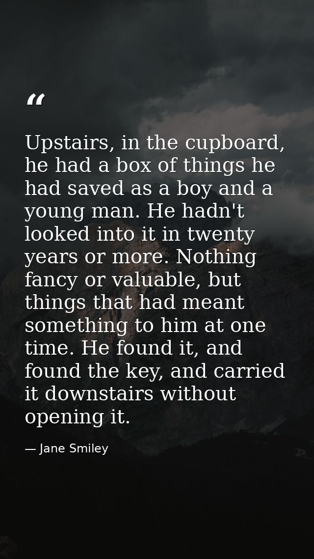 Upstairs, in the cupboard, he had a box of things he had saved as a boy and a young man. He hadn't looked into it in twe — Jane Smiley