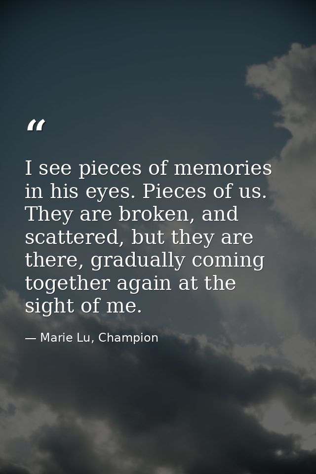 I see pieces of memories in his eyes. Pieces of us. They are broken, and scattered, but they are there, gradually coming — Marie Lu, Champion