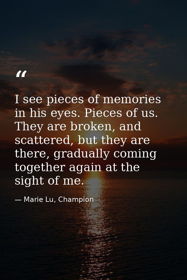 I see pieces of memories in his eyes. Pieces of us. They are broken, and scattered, but they are there, gradually coming — Marie Lu, Champion