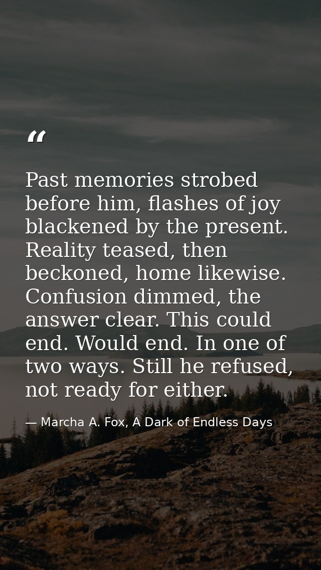 Past memories strobed before him, flashes of joy blackened by the present. Reality teased, then beckoned, home likewise. — Marcha A. Fox, A Dark of Endless Days