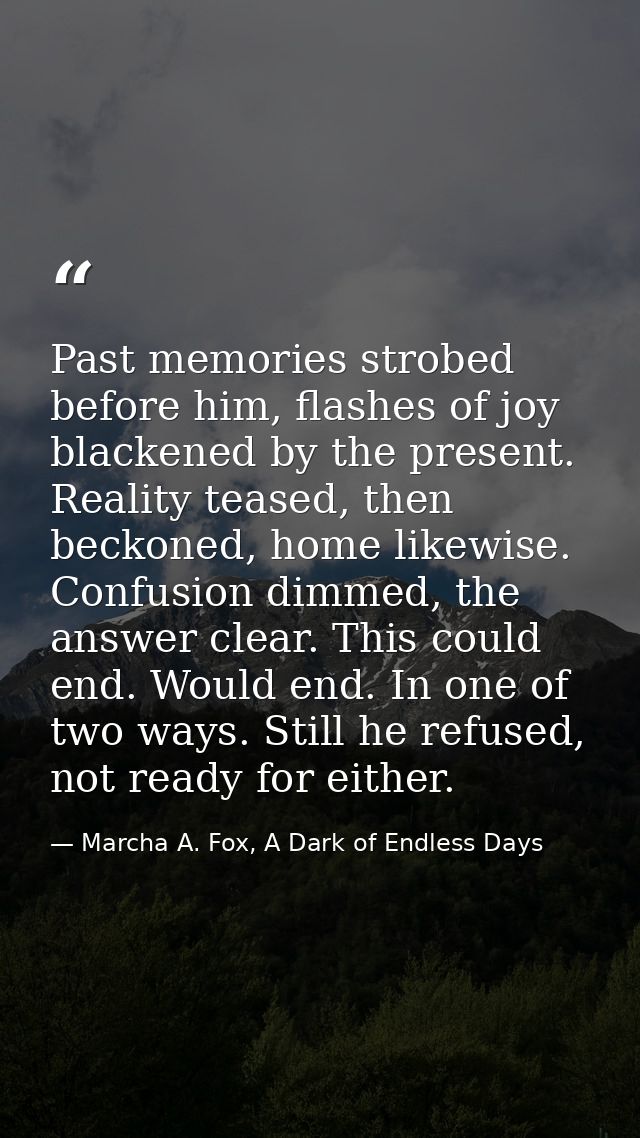 Past memories strobed before him, flashes of joy blackened by the present. Reality teased, then beckoned, home likewise. — Marcha A. Fox, A Dark of Endless Days