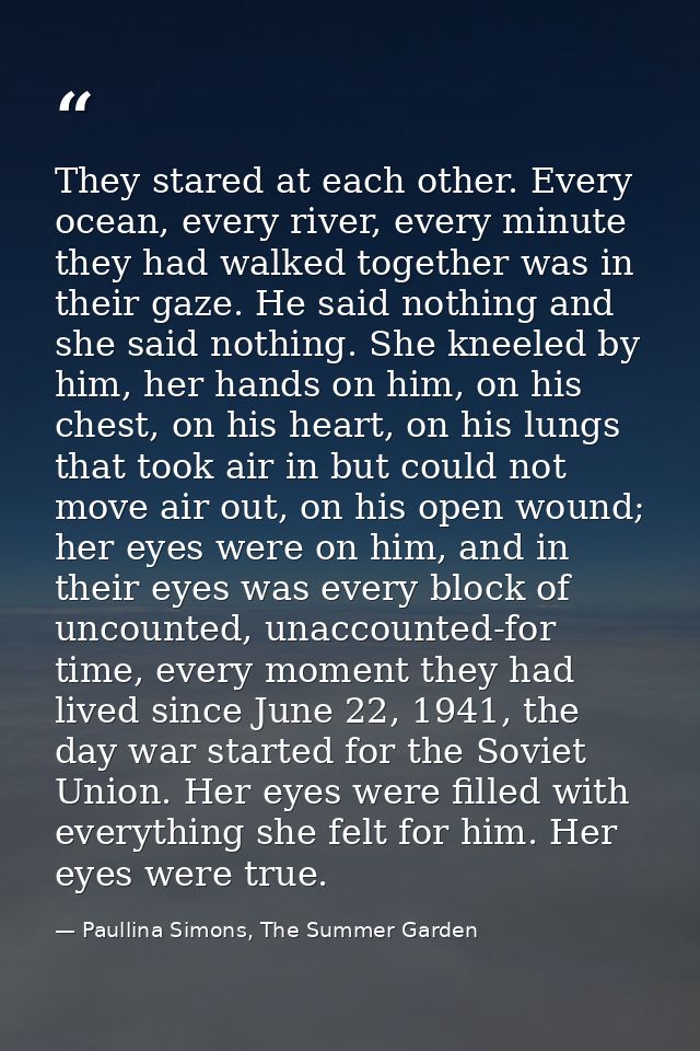 They stared at each other. Every ocean, every river, every minute they had walked together was in their gaze. He said no — Paullina Simons, The Summer Garden