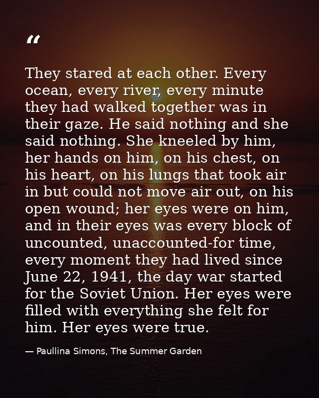 They stared at each other. Every ocean, every river, every minute they had walked together was in their gaze. He said no — Paullina Simons, The Summer Garden