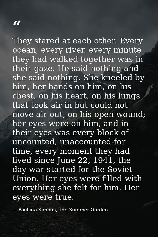 They stared at each other. Every ocean, every river, every minute they had walked together was in their gaze. He said no — Paullina Simons, The Summer Garden