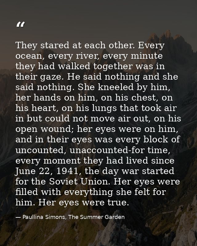 They stared at each other. Every ocean, every river, every minute they had walked together was in their gaze. He said no — Paullina Simons, The Summer Garden