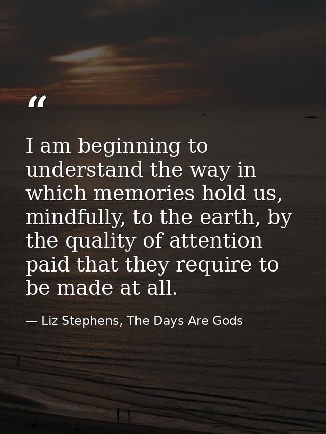 I am beginning to understand the way in which memories hold us, mindfully, to the earth, by the quality of attention pai — Liz Stephens, The Days Are Gods
