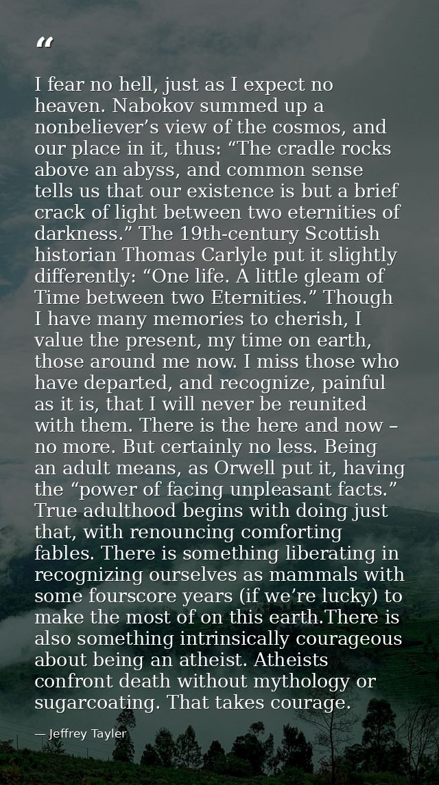 I fear no hell, just as I expect no heaven. Nabokov summed up a nonbeliever’s view of the cosmos, and our place in it, t — Jeffrey Tayler