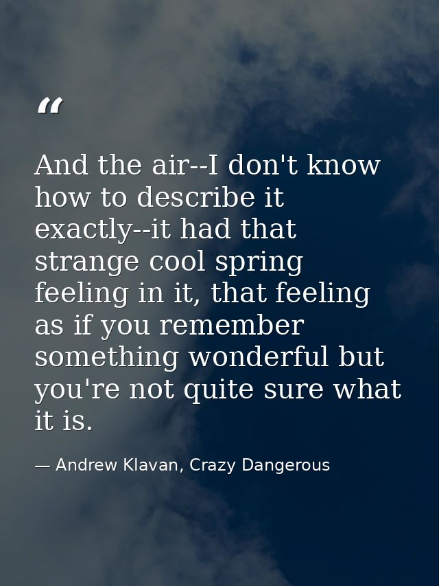And the air--I don't know how to describe it exactly--it had that strange cool spring feeling in it, that feeling as if  — Andrew Klavan, Crazy Dangerous