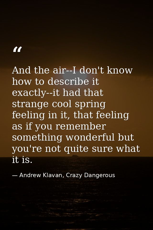 And the air--I don't know how to describe it exactly--it had that strange cool spring feeling in it, that feeling as if  — Andrew Klavan, Crazy Dangerous