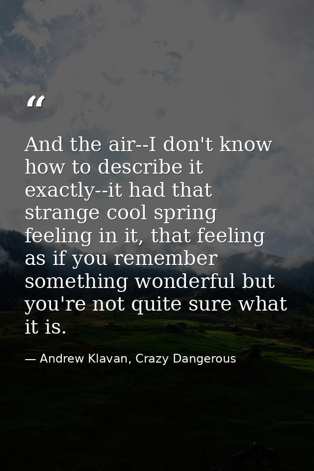 And the air--I don't know how to describe it exactly--it had that strange cool spring feeling in it, that feeling as if  — Andrew Klavan, Crazy Dangerous