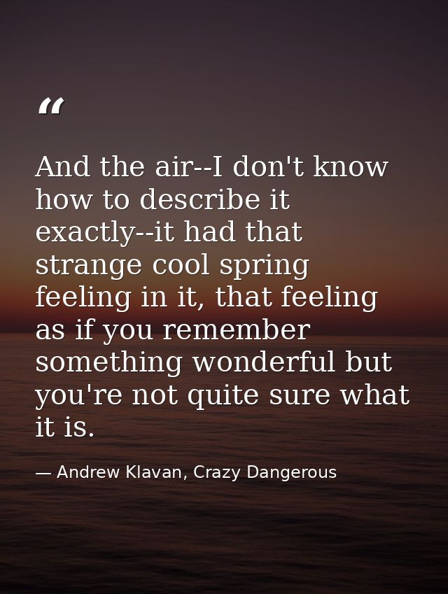 And the air--I don't know how to describe it exactly--it had that strange cool spring feeling in it, that feeling as if  — Andrew Klavan, Crazy Dangerous