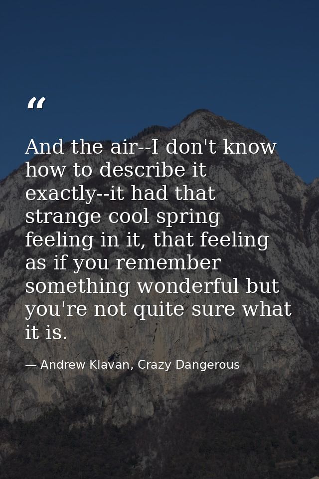 And the air--I don't know how to describe it exactly--it had that strange cool spring feeling in it, that feeling as if  — Andrew Klavan, Crazy Dangerous