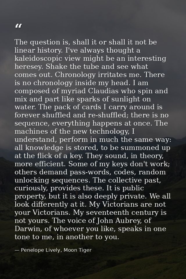 The question is, shall it or shall it not be linear history. I've always thought a kaleidoscopic view might be an intere — Penelope Lively, Moon Tiger