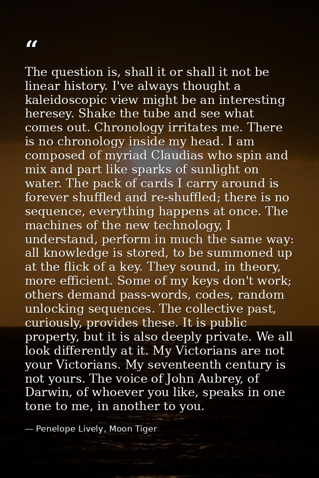 The question is, shall it or shall it not be linear history. I've always thought a kaleidoscopic view might be an intere — Penelope Lively, Moon Tiger