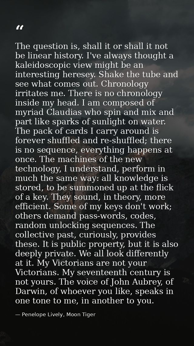 The question is, shall it or shall it not be linear history. I've always thought a kaleidoscopic view might be an intere — Penelope Lively, Moon Tiger