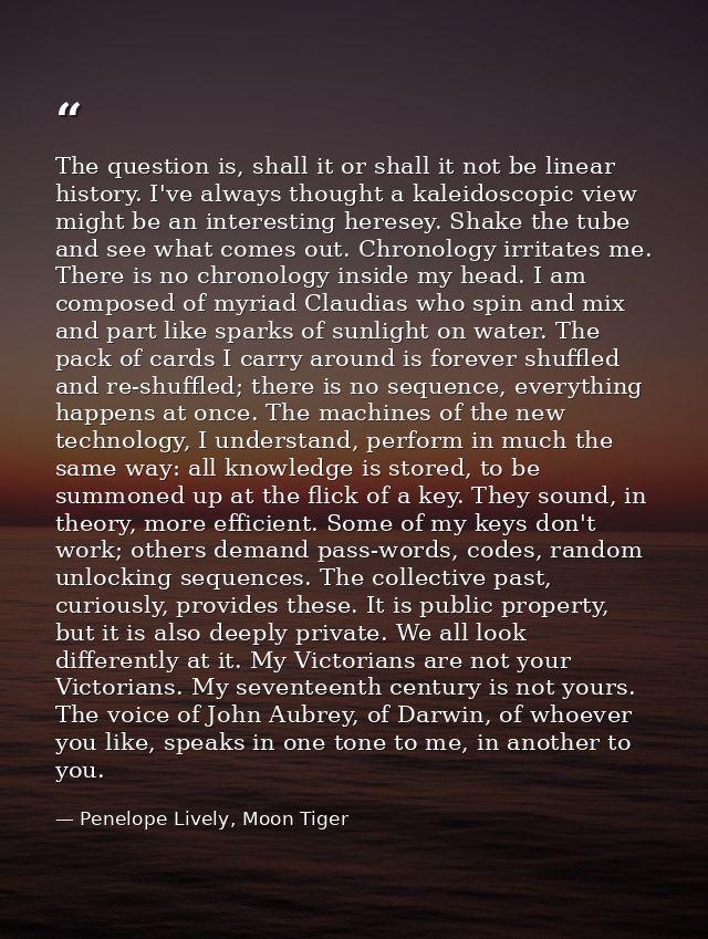 The question is, shall it or shall it not be linear history. I've always thought a kaleidoscopic view might be an intere — Penelope Lively, Moon Tiger