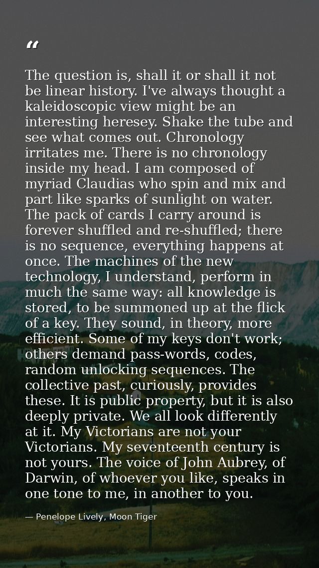 The question is, shall it or shall it not be linear history. I've always thought a kaleidoscopic view might be an intere — Penelope Lively, Moon Tiger