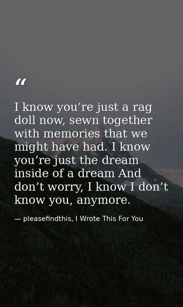 I know you’re just a rag doll now, sewn together with memories that we might have had. I know you’re just the dream insi — pleasefindthis, I Wrote This For You