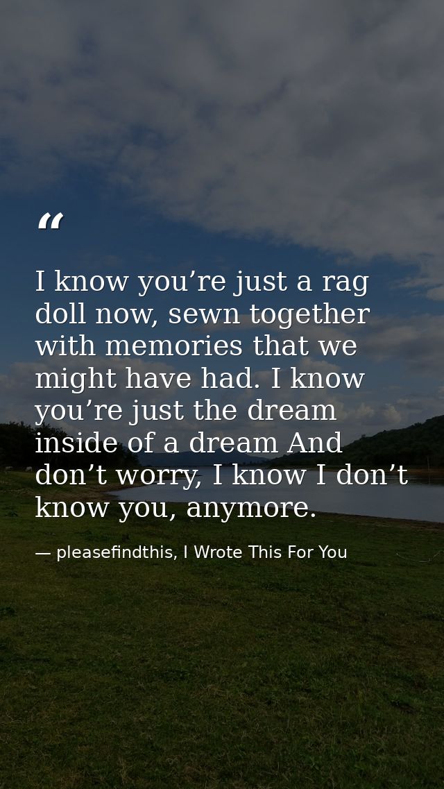 I know you’re just a rag doll now, sewn together with memories that we might have had. I know you’re just the dream insi — pleasefindthis, I Wrote This For You