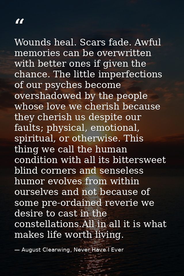 Wounds heal. Scars fade. Awful memories can be overwritten with better ones if given the chance. The little imperfection — August Clearwing, Never Have I Ever