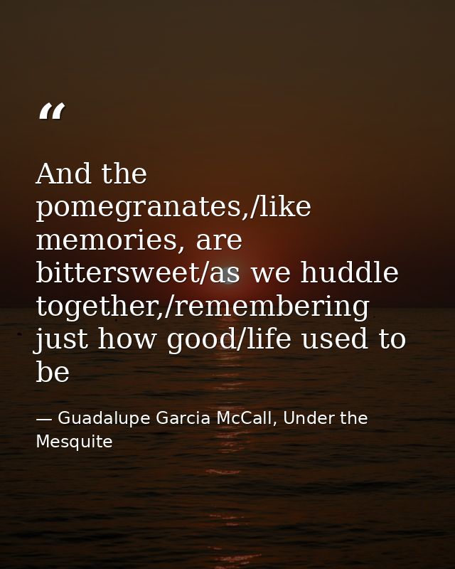 And the pomegranates,/like memories, are bittersweet/as we huddle together,/remembering just how good/life used to be — Guadalupe Garcia McCall, Under the Mesquite