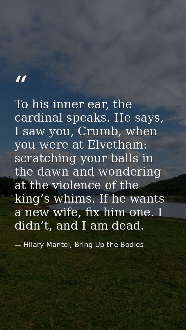 To his inner ear, the cardinal speaks. He says, I saw you, Crumb, when you were at Elvetham: scratching your balls in th — Hilary Mantel, Bring Up the Bodies