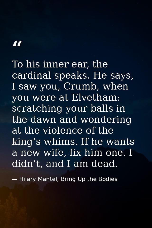 To his inner ear, the cardinal speaks. He says, I saw you, Crumb, when you were at Elvetham: scratching your balls in th — Hilary Mantel, Bring Up the Bodies