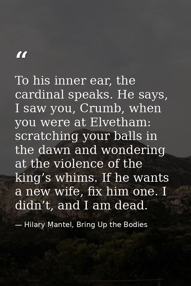 To his inner ear, the cardinal speaks. He says, I saw you, Crumb, when you were at Elvetham: scratching your balls in th — Hilary Mantel, Bring Up the Bodies