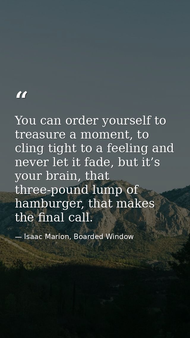You can order yourself to treasure a moment, to cling tight to a feeling and never let it fade, but it’s your brain, tha — Isaac Marion, Boarded Window