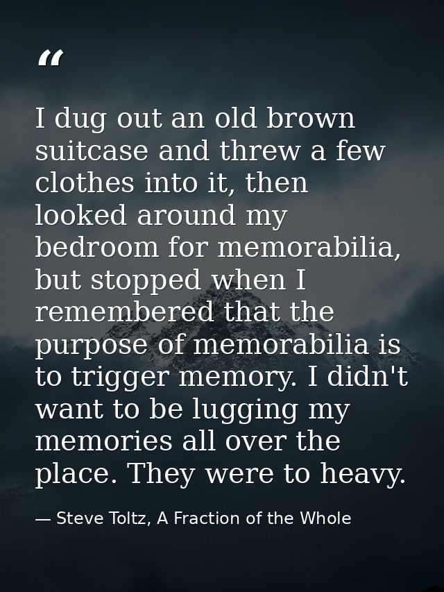 I dug out an old brown suitcase and threw a few clothes into it, then looked around my bedroom for memorabilia, but stop — Steve Toltz, A Fraction of the Whole