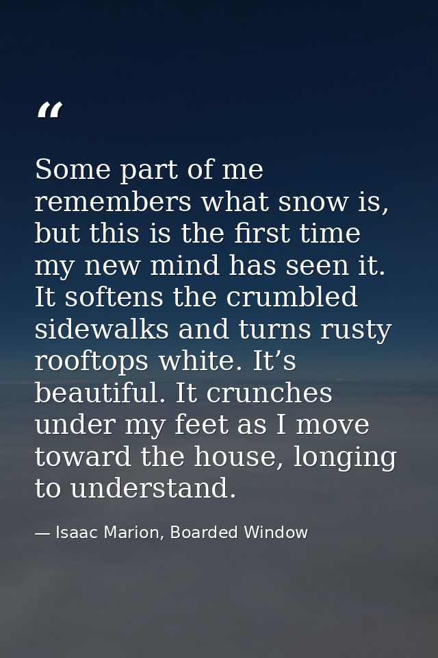 Some part of me remembers what snow is, but this is the first time my new mind has seen it. It softens the crumbled side — Isaac Marion, Boarded Window