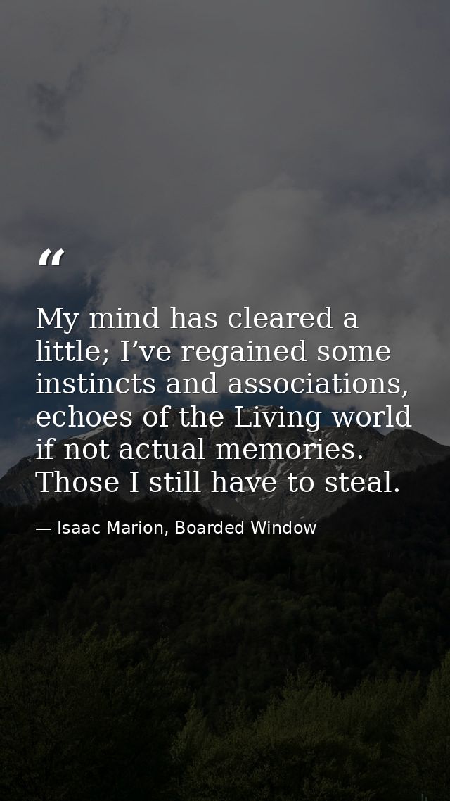 My mind has cleared a little; I’ve regained some instincts and associations, echoes of the Living world if not actual me — Isaac Marion, Boarded Window