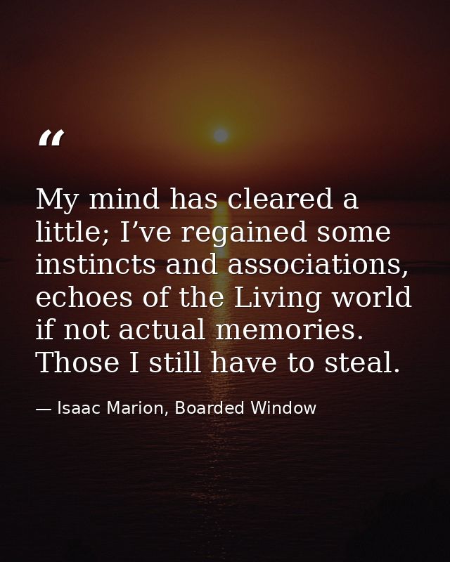 My mind has cleared a little; I’ve regained some instincts and associations, echoes of the Living world if not actual me — Isaac Marion, Boarded Window