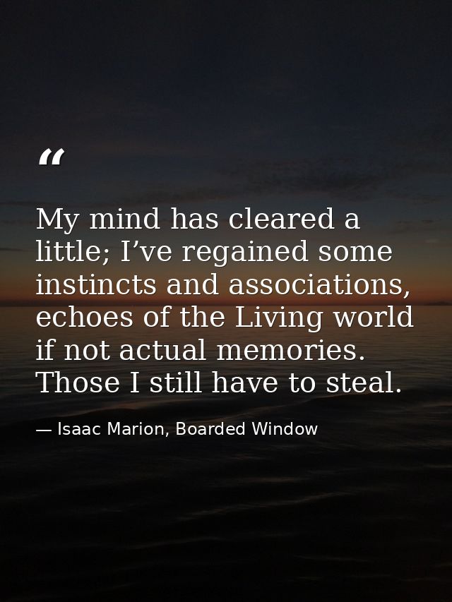My mind has cleared a little; I’ve regained some instincts and associations, echoes of the Living world if not actual me — Isaac Marion, Boarded Window