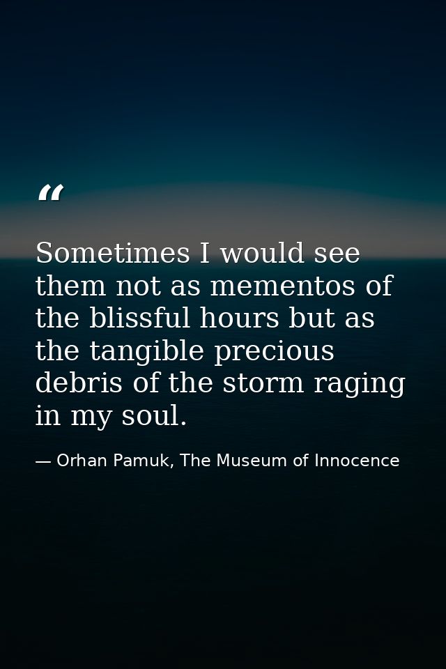 Sometimes I would see them not as mementos of the blissful hours but as the tangible precious debris of the storm raging — Orhan Pamuk, The Museum of Innocence