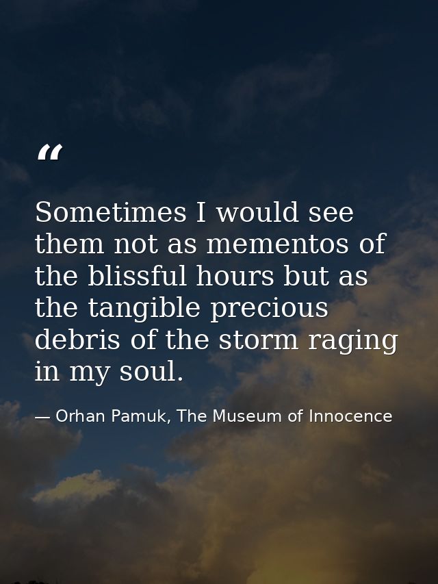 Sometimes I would see them not as mementos of the blissful hours but as the tangible precious debris of the storm raging — Orhan Pamuk, The Museum of Innocence
