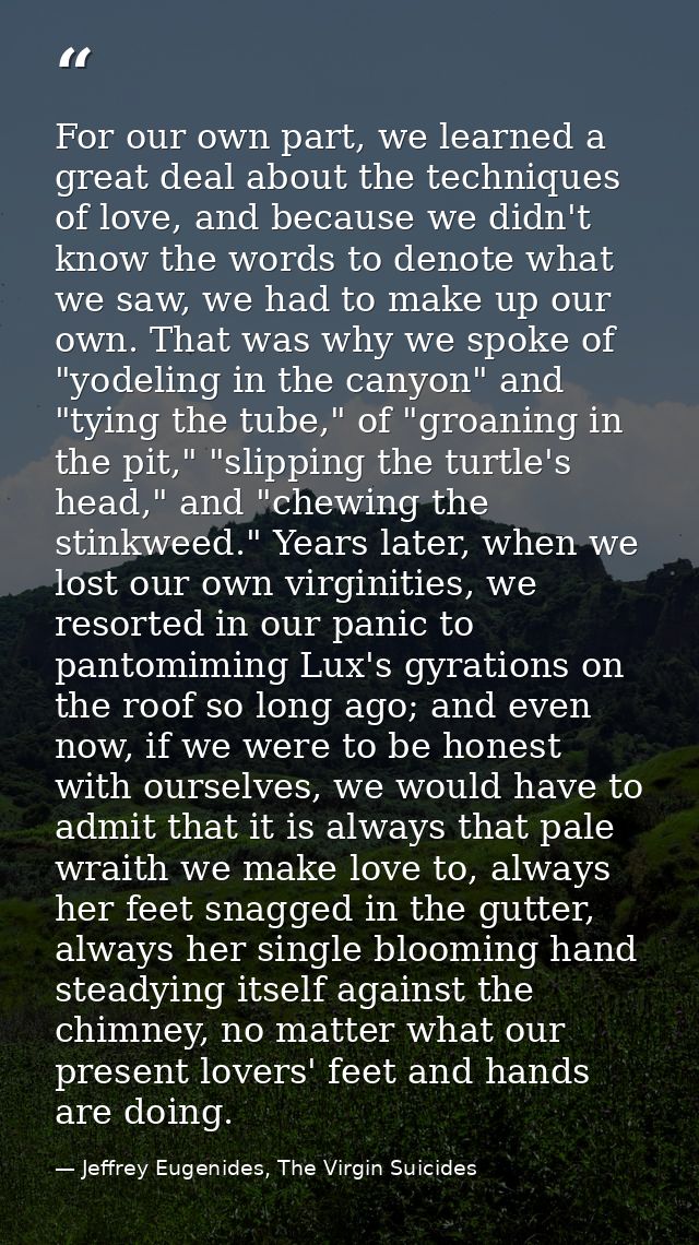 For our own part, we learned a great deal about the techniques of love, and because we didn't know the words to denote w — Jeffrey Eugenides, The Virgin Suicides